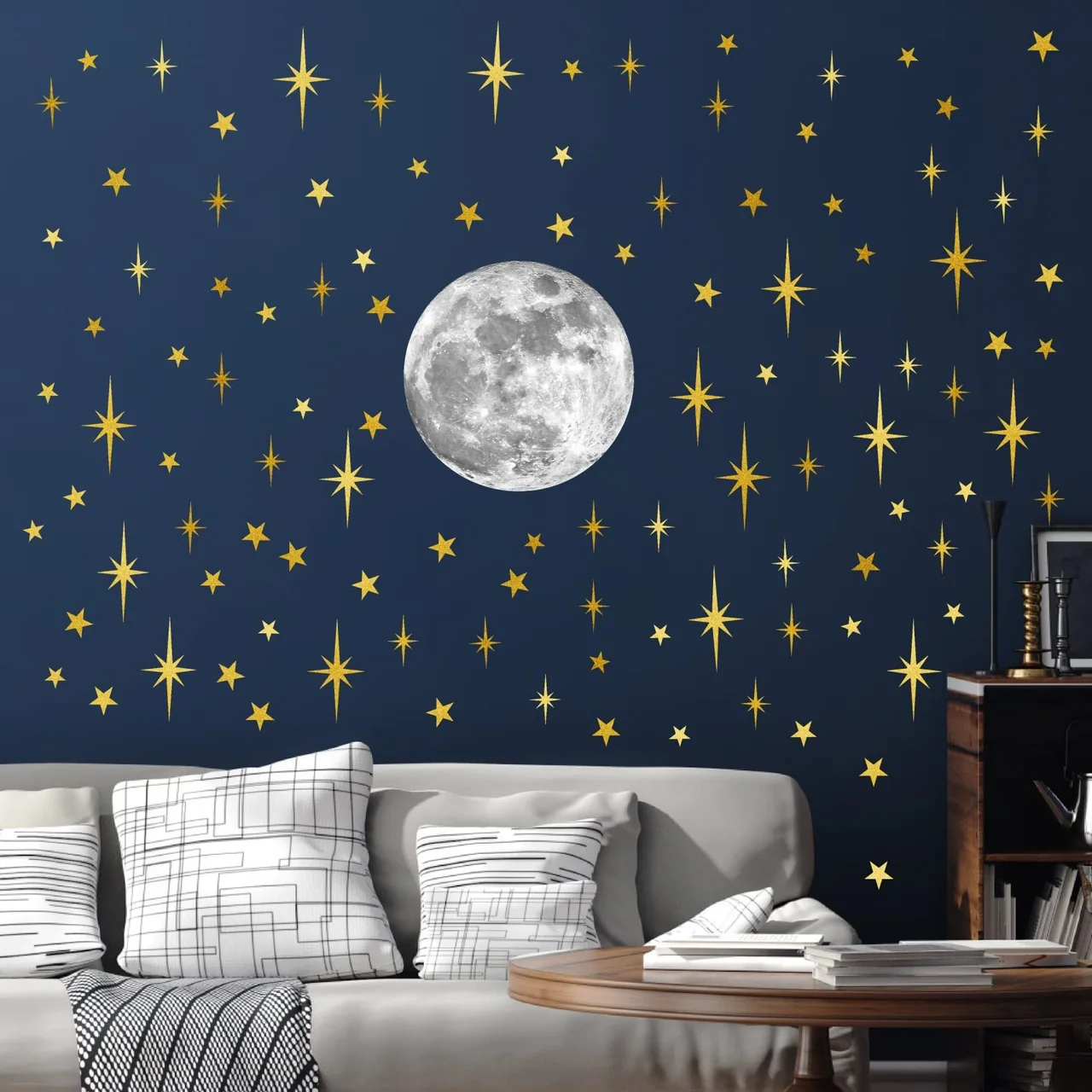 Retro Starburst Wall Decals Stars Wall Sticker Star Moon Vinyl Decal Golden